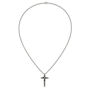 Chisel Stainless Steel Antiqued and with Black Crystal Small Cross Pendant on a 24" Box Chain Necklace - 1 of 4