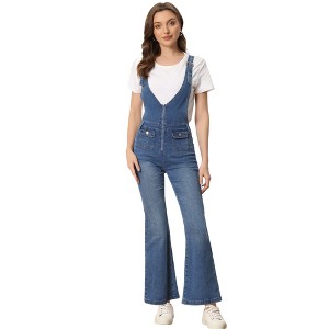 Allegra K Women's Casual Denim V Neck Zip Up Bell Bottom Jeans Jumpsuits - 1 of 4