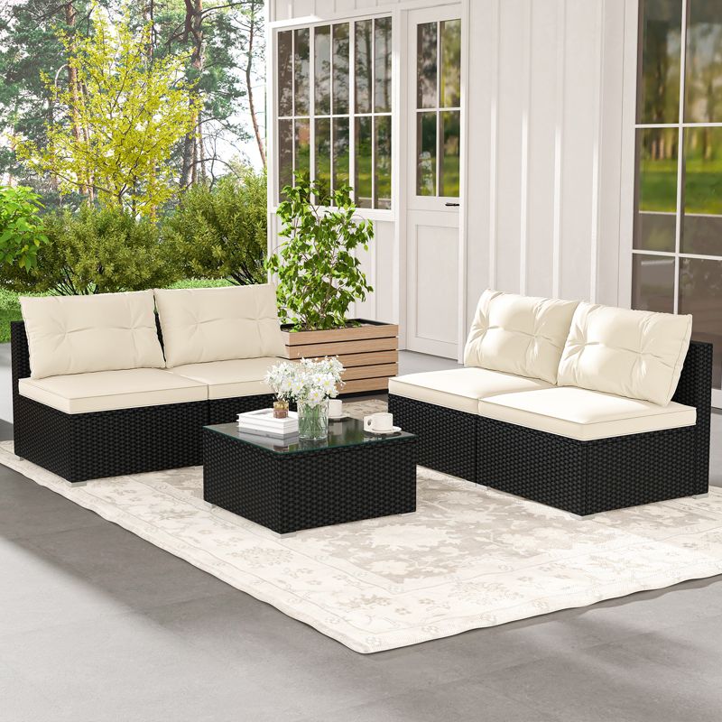 Tangkula 5 Pieces Outdoor Patio Furniture Set Sectional PE Rattan Sofa Set with Cushions and Tempered Glass Coffee Table, 4 of 10