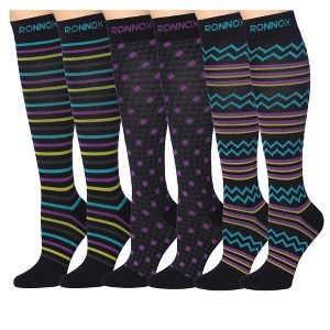 Tipi Toe 3 Pairs Compression Socks for Men & Women Wavy Black Cyan Waves Violet-Yellow Patterned Knee High Socks (12-14 mmHg) - 1 of 1