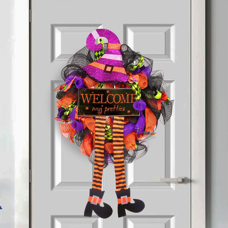 Barton 24" Halloween Witch Wreath Hat Legs Pumpkin Front Door Decor Decoration, 1 of 7
