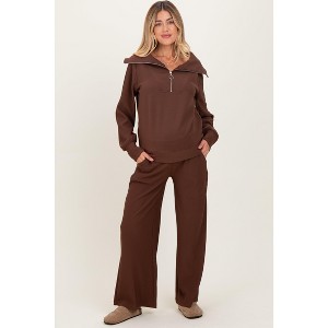 Pinkblush Brown Ribbed Half Zip Pullover Wide Leg Pant Maternity Set - 1 of 4