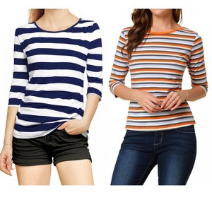 Allegra K Women's Elbow Sleeves Round Neck Slim Fit T-Shirt 2 Packs - 1 of 4
