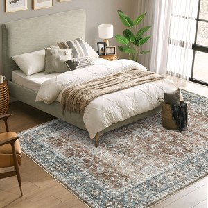 Vintage Washable Area Rug Non Slip Non Shedding Traditional Floor Cover with Floral Print Stain Resistant Indoor Foldable Mat for Living Room Bedroom - 1 of 4