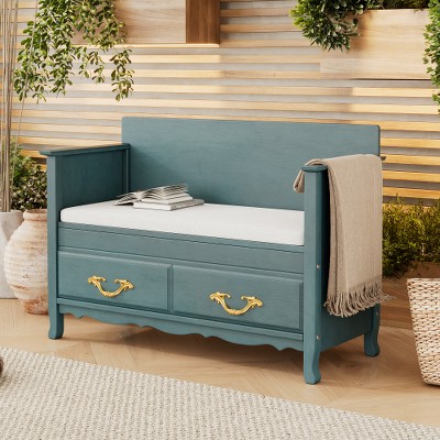 Shoe Bench with Removable Cushion, Entryway Bench with Hidden Storage for Entrance and Living Room, Shoe Storage Bench with Back, Antique Turquoise