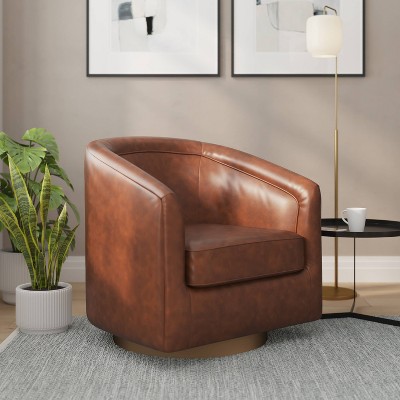 Brown Faux Leather Swivel Barrel Chair with Wood Base