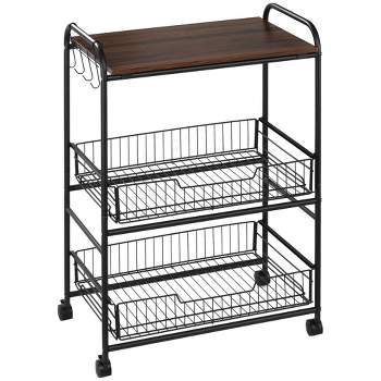 HOMCOM 24" 3-Tier Rolling Kitchen Cart, Utility Storage Trolley with 2 Basket Drawers, Side Hooks for Dining Room