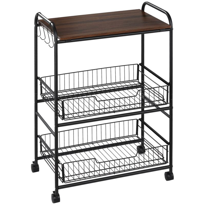 HOMCOM 24" 3-Tier Rolling Kitchen Cart, Utility Storage Trolley with 2 Basket Drawers, Side Hooks for Dining Room, 1 of 7