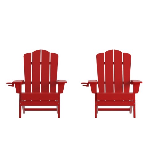 Flash Furniture Newport Adirondack Chair with Cup Holder Weather Resistant HDPE Adirondack Chair in Red Set of 2