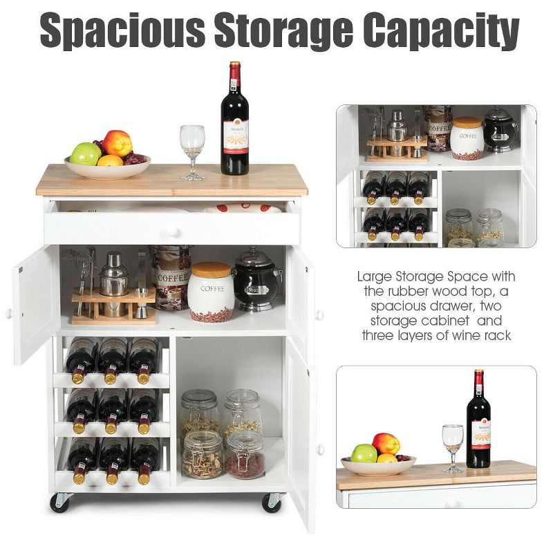 Tangkula Modern Rolling Kitchen Cart Trolley Island Storage Cabinet w/Drawer&Wine Rack, 5 of 11