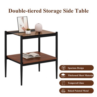 Acoinel Set of 2 Modern Glass Top Side Tables with Shelf for Living Room