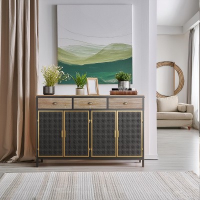 VYNXARIA 48" Wide 4 Doors Modern Sideboard with 3 Top Drawers,Freestanding Sideboard Storage Cabinet Entryway Floor Cabinet for Living Room