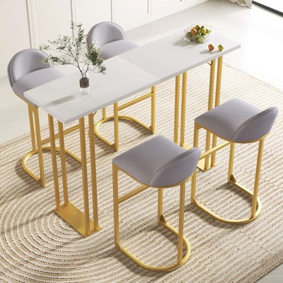 LOVMOR 5 Pcs Bar Table and Chairs Set, Modern Gold White Table with 4 Velvet Cushion Bar Stools