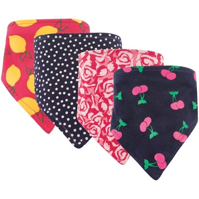 Hudson Baby Infant Girl Cotton Bandana Bibs 4pk, Cherry, One Size