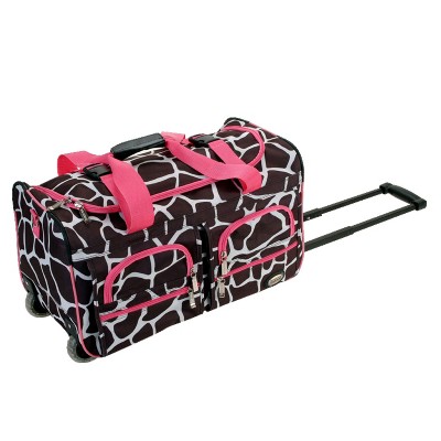 pink duffle bag with wheels