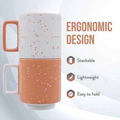 14oz White and Coral Ceramic Stackable Coffee Mugs Set
