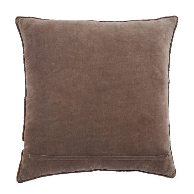 Dark Taupe Embroidered Square Throw Pillow with Fringe Trim