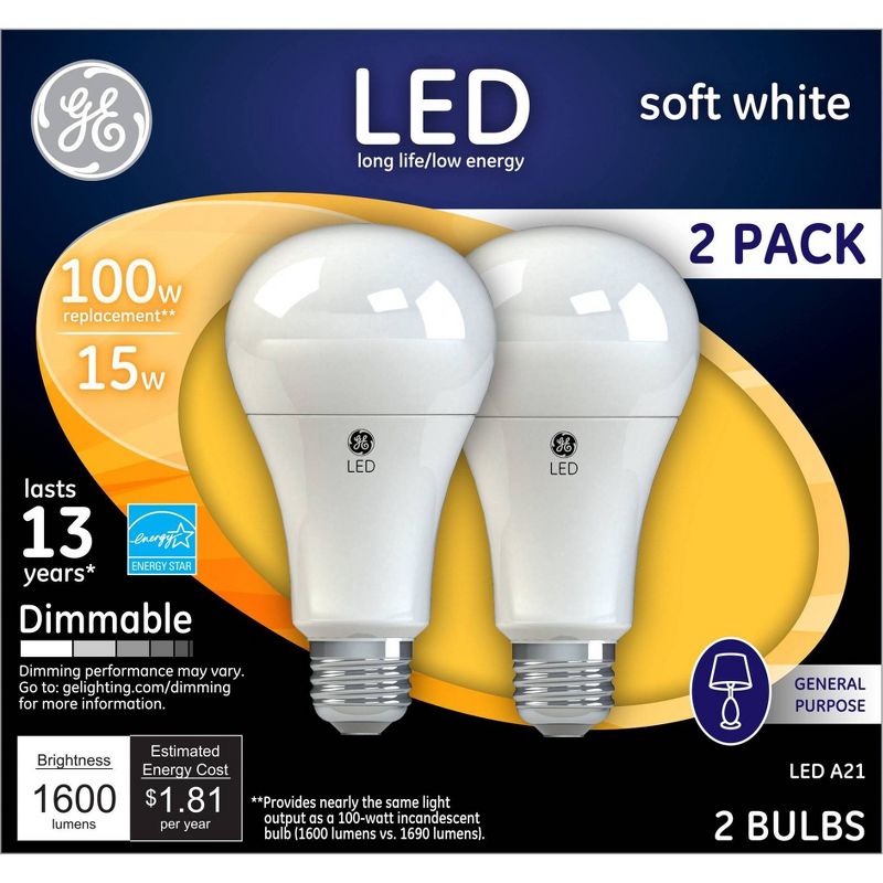 GE Household Lighting 2pk 100W LED Light Bulbs Soft White, 1 of 8