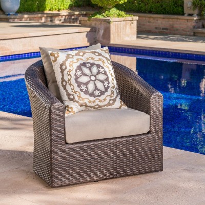 Okak 360° Swivel Patio Accent Chairs,Handwoven wicker Outdoor Club chairs with Aluminum Base&Detachable Cushions,Patio Furniture Seating,Single,Brown