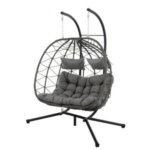 2 Persons Egg Chair with Stand Indoor Outdoor Swing Chair Patio Wicker Hanging Egg Chair Hanging Basket Chair with Stand - 1 of 4