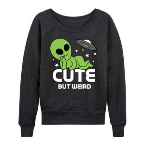 Women's - Instant Message - Alien Cute But Weird Lightweight French Terry Wide Neck Long Sleeve Graphic Shirt - 1 of 4
