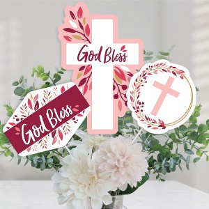 Big Dot of Happiness Pink Elegant Cross - Girl Religious Party Centerpiece Sticks - Table Toppers - Set of 15 - 1 of 4