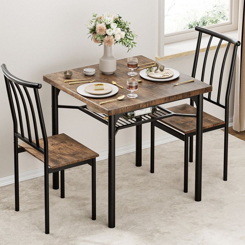Dining Table Set for 2, Kitchen Table and 2 Chairs with Wine Rack, Square Dining Room Table Set for Small Space, Apartment, Home, Office, Rustic Brown, 1 of 8