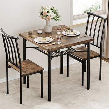 Dining Table Set for 2, Kitchen Table and 2 Chairs with Wine Rack, Square Dining Room Table Set for Small Space, Apartment, Home, Office, Rustic Brown