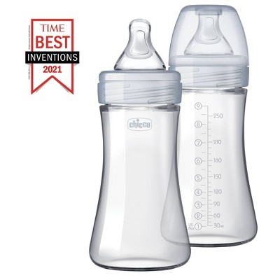 Chicco 2pk Duo Hybrid Baby Bottle with Invinci-Glass Inside/Plastic Outside with Slow Flow Anti-Colic Nipple - Clear/Gray - 9oz