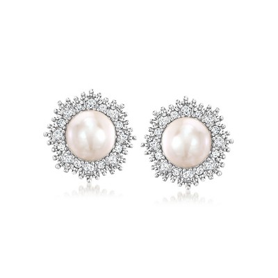 Ross-Simons 7-7.5mm Cultured Pearl and .32 ct. t.w. Diamond Earrings in Sterling Silver