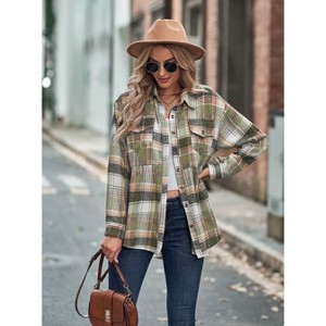 Women Shirts Collar Long Sleeve Pocket Casual Plaid Shirt Top - 1 of 3