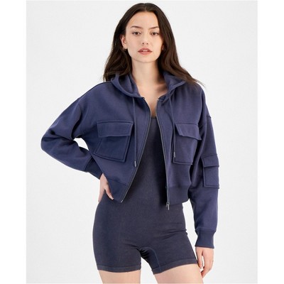 Hippie Rose Womens Fleece Cargo Hoodie Sweatshirt, Blue, Medium