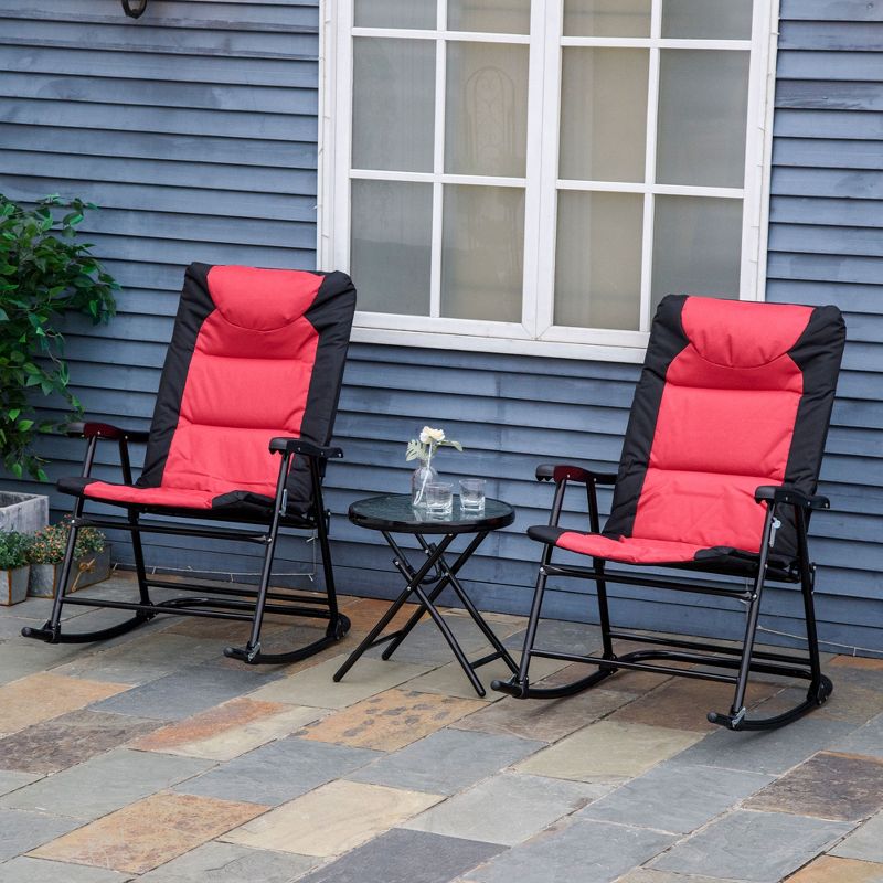 Outsunny 3 Piece Outdoor Patio Furniture Set with Glass Coffee Table & 2 Folding Padded Rocking Chairs, Bistro Style for Porch, Camping, Balcony, Red, 3 of 7