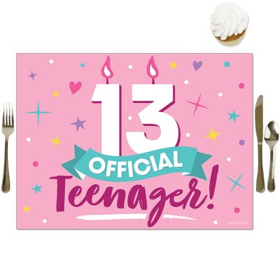 Big Dot of Happiness Girl 13th Birthday - Party Table Decorations - Official Teenager Birthday Party Placemats - Set of 16