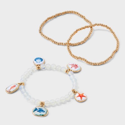 Sealife Charm Bracelet 3pc - Universal Thread™ Gold/Blue: Stretch Band, Recycled Zinc, 2.5" Length