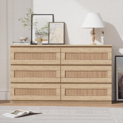 Coucheta Natural Rattan 6-Drawer Dresser with LED Lights & Charging - 2 USB + 2 Outlets, Boho Bedroom Storage