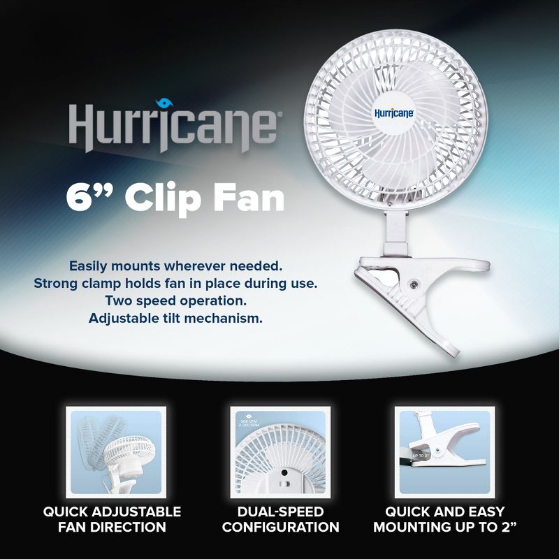 Hurricane Classic 6 Inch 2 Speed Portable Mini Desk Table Clip On Fan with Adjustable Tilt for Home, Office, Stroller, and Travel, White (2 Pack), 2 of 7