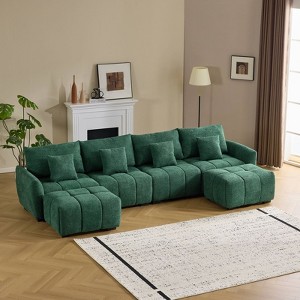 Karl Home |140 in.W Round Arm Boucle L-shaped American Tufed Sofa in Green with Ottoman - 1 of 1