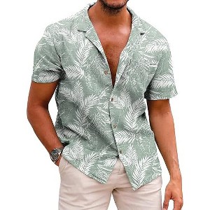 COOFANDY Men's Hawaiian Floral Shirts Cotton Linen Button Down Tropical Holiday Beach Shirts - 1 of 4
