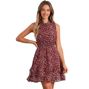 Allegra K Women's Regular Fit Floral A-line Smocked Waist Tiered Ruffled Chiffon Mini Dress - 1 of 4