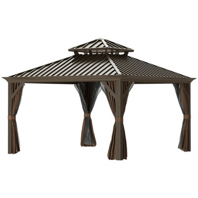Outsunny 12' x 12' Coffee Aluminum Hardtop Patio Gazebo with Netting & Curtains