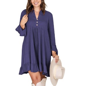 Women T Shirt Dress Bell Sleeve Button Trim V Neck Ruffle Mini Dresses - 1 of 2