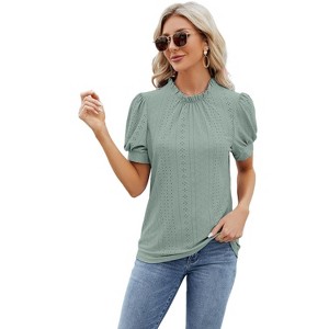 Women's Embroidery Mock Neck Blouse Lantern Sleeve Vintage Ruffle Neck Elegant Eyelet Tops - 1 of 4