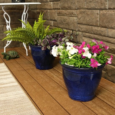Imperial Blue Medium Ceramic Indoor/Outdoor Planter Set with Drainage Holes