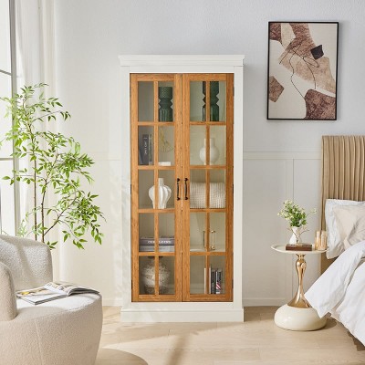 71.2'' Tall Display Cabinet With Adjustable Shelves And Glass Doors, Rustic White China Hutch For Living Room Or Kitchen-Maison Boucle