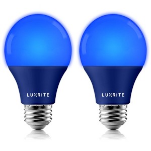 Luxrite A19 LED Blue Light Bulb, 60W Equivalent, Non-Dimmable, UL Listed, Indoor Outdoor, Porch, Christmas, Decoration, E26 Standard Base 2 Pack - 1 of 4