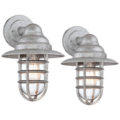 John Timberland Marlowe 13 1/4" High Farmhouse Rustic Hooded Cage Outdoor Wall Light Fixture Mount Porch House Set of 2 Galvanized Clear Glass Shade - image 1 of 4