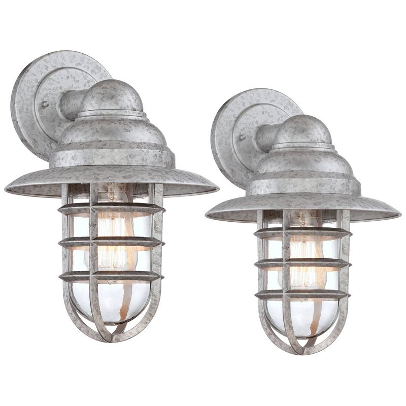John Timberland Marlowe 13 1/4" High Farmhouse Rustic Hooded Cage Outdoor Wall Light Fixture Mount Porch House Set of 2 Galvanized Clear Glass Shade, 1 of 10