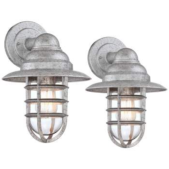 John Timberland Marlowe 13 1/4" High Farmhouse Rustic Hooded Cage Outdoor Wall Light Fixture Mount Porch House Set of 2 Galvanized Clear Glass Shade