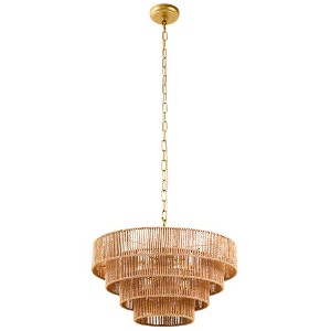 DORESshop Farmhouse 6-Light Boho Chandelier with Copper Finish and 4-Tier Rattan Shades for Dining Room, No Bulbs Included - 1 of 4